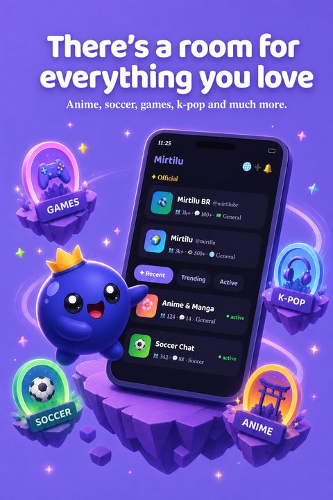 Mirtilu chat list sorted by interest: gaming, football, k-pop and anime