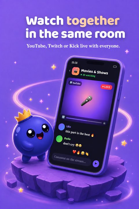 Watch party on Mirtilu: a YouTube live being watched together in the chat