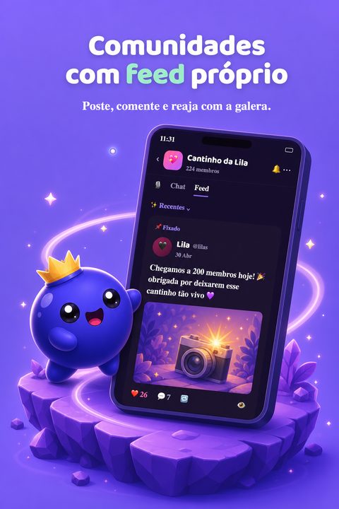 Feed da comunidade no Mirtilu com post, curtidas e comentários
